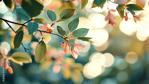 Soft-focus image featuring green leaves and delicate pink flowers against a bright, blurred bokeh background, illuminated by warm sunlight