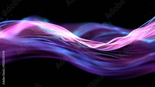 Abstract flowing waves of purple and pink light against a black background with bokeh and digital dust elements creating a modern feel