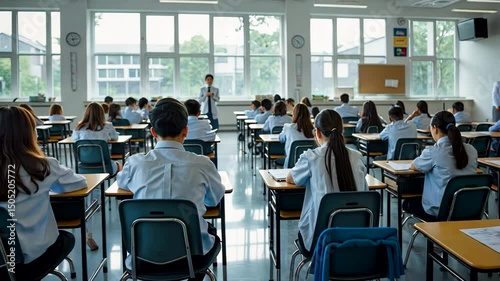 Students Attending Class in Bright Modern Classroom – Wide Angle – Daytime