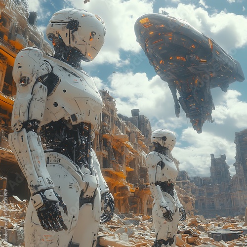 Futuristic robots explore a devastated cityscape under a cloudy sky high resolution image