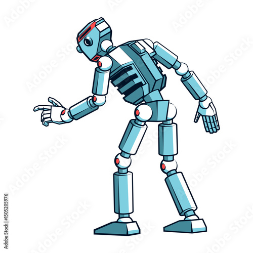 Robot shown from the back, pressing something with its finger. Vector comics style