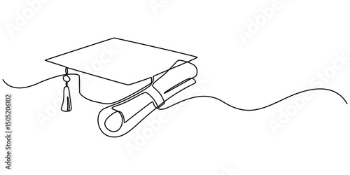 Continuous cap one line art drawing of graduation hat concept outline vector, graduation cap with degree certificate, Concept of student of university college and school. Doodle vector illustration.