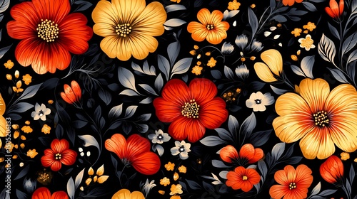 Ornamental Russian folk pattern in Khokhloma art style, suitable for wallpaper, fabric textures, and cultural visual storytelling.