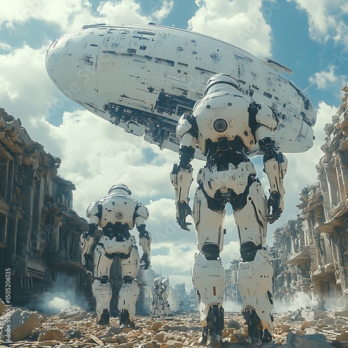 Futuristic robots traverse a ruined city beneath a hovering airship high resolution image