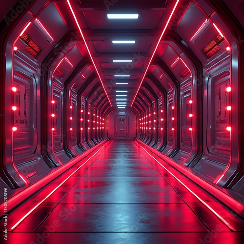 Futuristic sci fi interior corridor design with red and blue ambient lighting a high resolution image