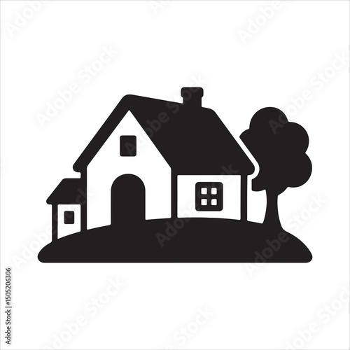 Simple House and Tree Icon - Black Silhouette Art & Illustration
