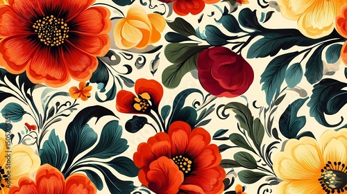 Ornamental Russian folk pattern in Khokhloma art style, suitable for wallpaper, fabric textures, and cultural visual storytelling.