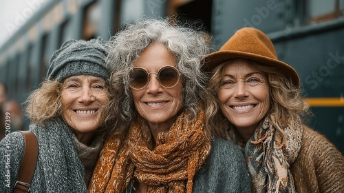 Smiling women travel train station.