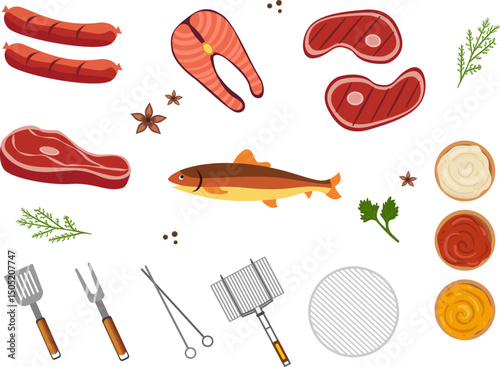 BBQ set with meat, fish, sauces, and grilling utensils. In cartoon style on white background. Suitable for culinary and picnic themed content.