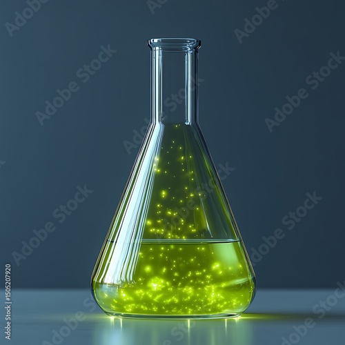 Glowing chemical reaction inside laboratory erlenmeyer flask with high resolution image