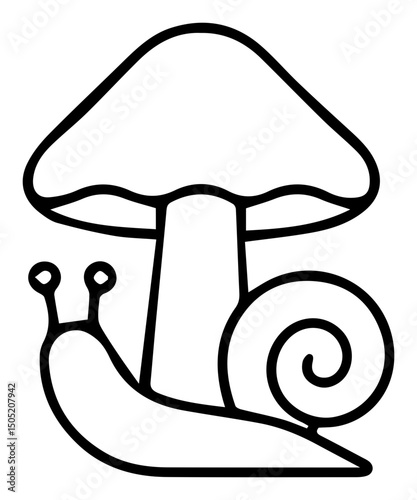 Charming Snail and Mushroom Illustration: Nature's Tiny Wonders in Black and White