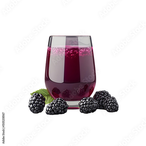 A glass of purple blackberries juice and blackberries isolated on a transparent background, in a PNG format