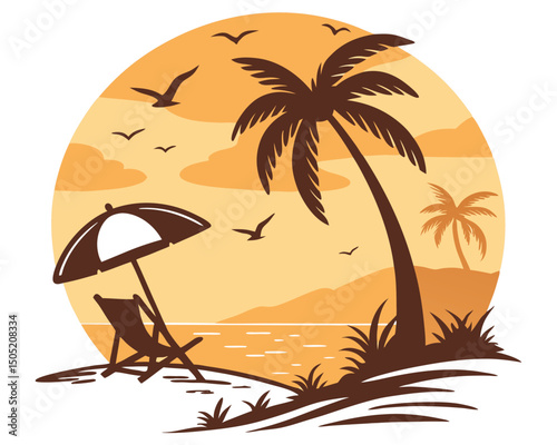 Tropical beach vacation scene with palm trees, ocean, and beach chair for summer holiday relaxation