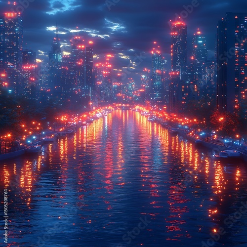 Illuminated city at night with vibrant reflections on the water a high resolution image