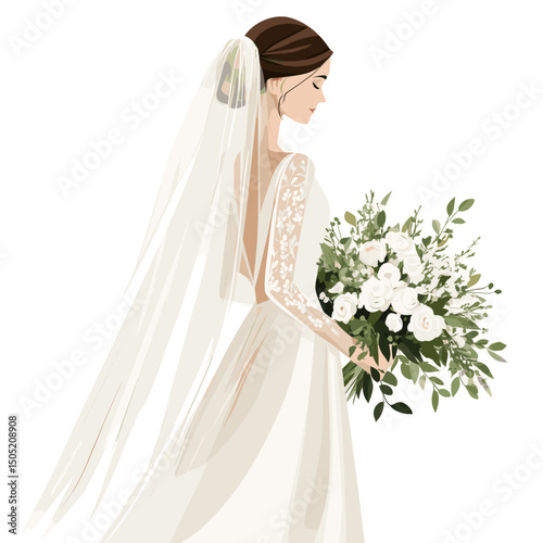 Bride in Elegant Wedding Dress with Bouquet
