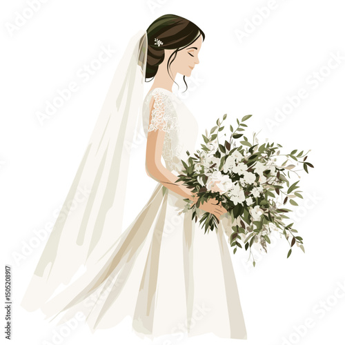 Bride in Elegant Wedding Dress with Bouquet