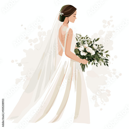 Bride in Elegant Wedding Dress with Bouquet