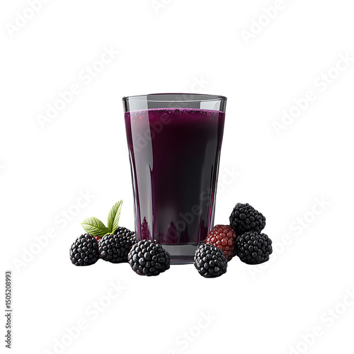A glass of purple blackberries juice and blackberries isolated on a transparent background, in a PNG format