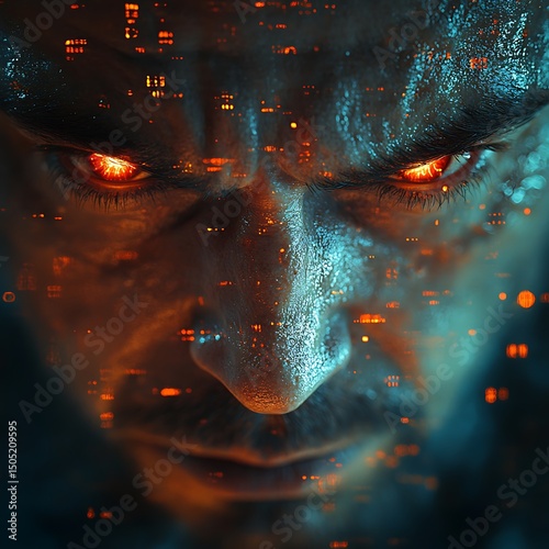 Intense close up view of a cyborg face with fiery red glowing eyes high resolution image