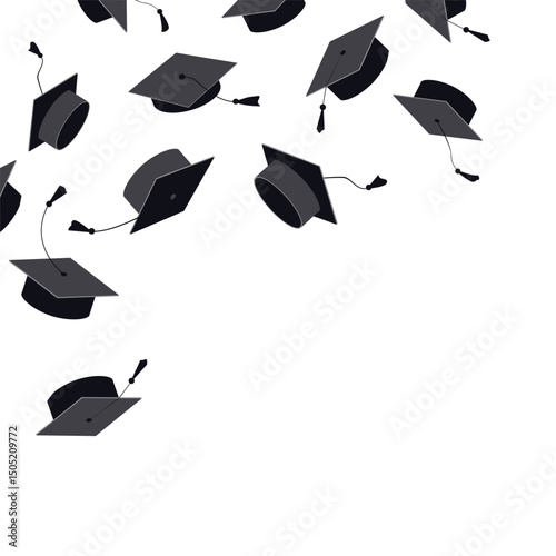 Festive corner frame with graduate hats in the air. Flying graduation caps background for graduation announcements, invitations, celebration designs. Vector illustration.