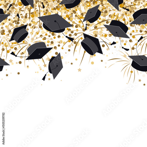 Shiny festive seamless border pattern with graduate hats, confetti, and golden fireworks in the air. Flying graduation caps background. Vector illustration.