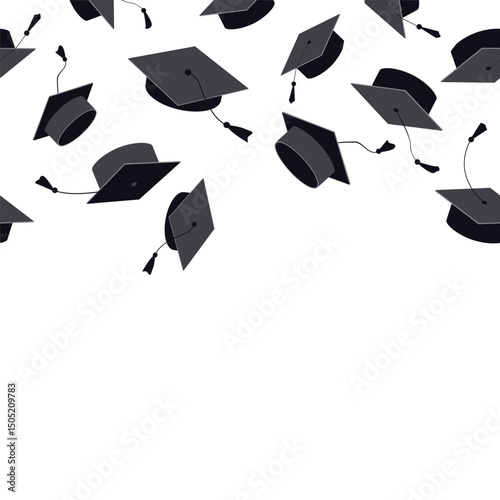 Festive seamless pattern with graduate hats in the air. Flying graduation caps background for graduation announcements, invitations, celebration designs. Vector illustration.