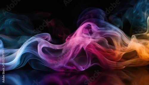 Abstract ripples of translucent smoke in soft and vivid colors on a bright black surface