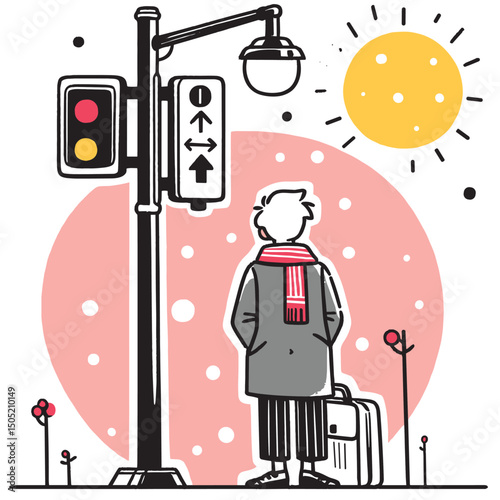 Urban Commuter Waiting at Crosswalk Minimalistic Illustration