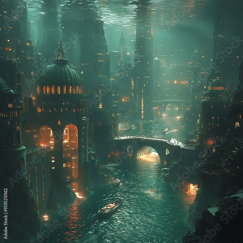 Magnificent underwater city scene with illuminated buildings high resolution image with a mysterious allure.