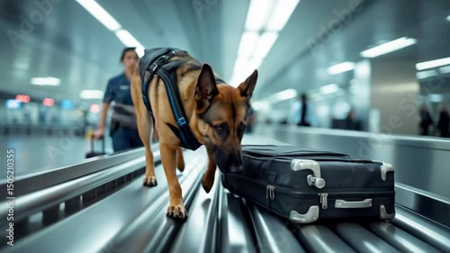 Sniffer Dog Inspecting Luggage in Airport Terminal Aisle – Close-Up – Daytime