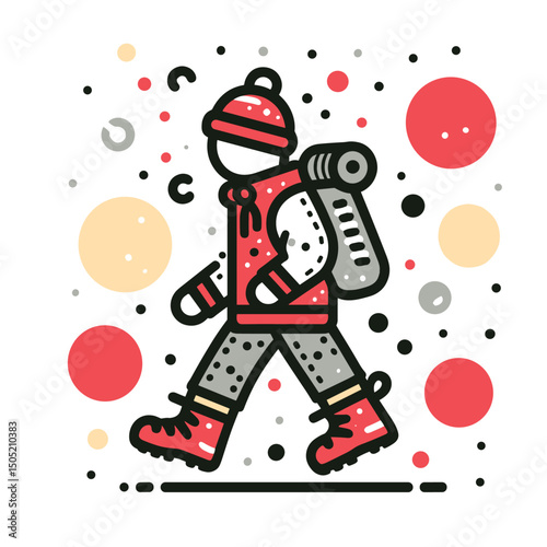 Winter Hiking Adventure Stylized Flat Illustration of Solo Explorer