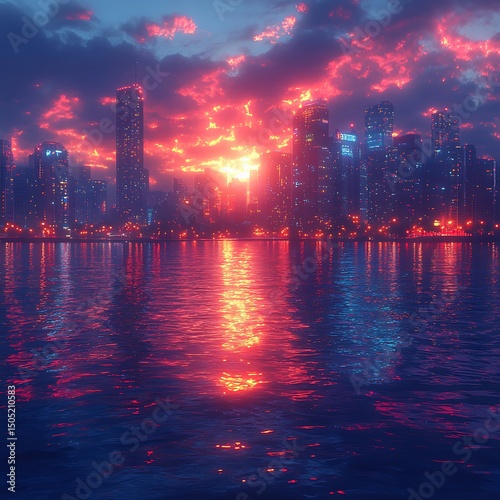 Majestic cityscape reflecting in the water with stunning sunset and vibrant colors a high resolution image