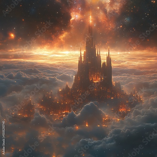 Majestic fantasy cityscape reaching towards the starry sky illuminated in stunning high resolution image.