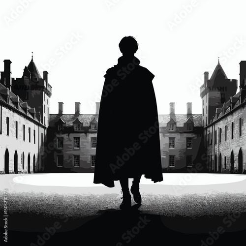Mystery Shadow in Castle Courtyard Silhouette - Black and White Illustration