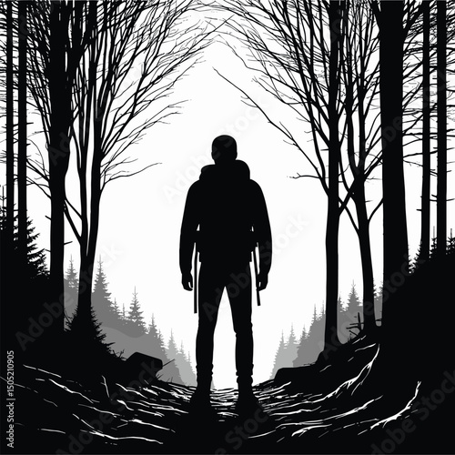 Solitary Hiker in Black and White Forest Silhouette Flat Illustration