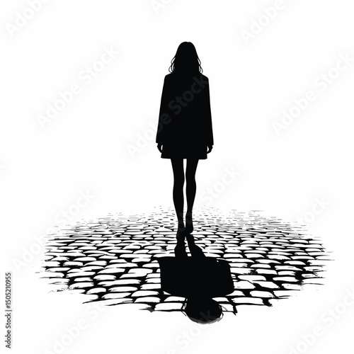 Silhouette of a Woman Walking on Cobblestone Black and White Minimalist Art