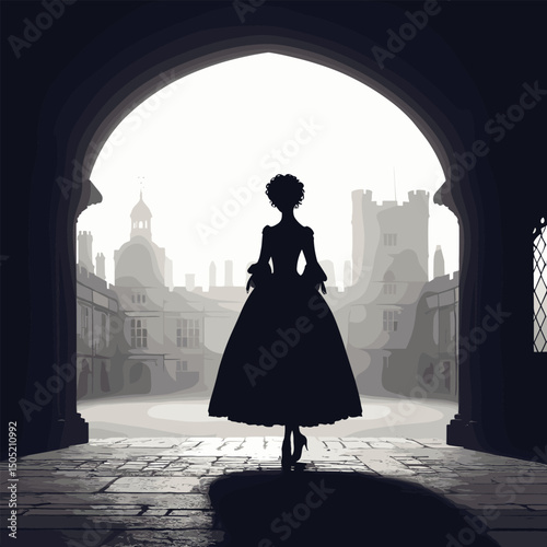 Silhouette of a Woman in Historical Dress Standing Under Archway in Courtyard - Dramatic Silhouette Illustration
