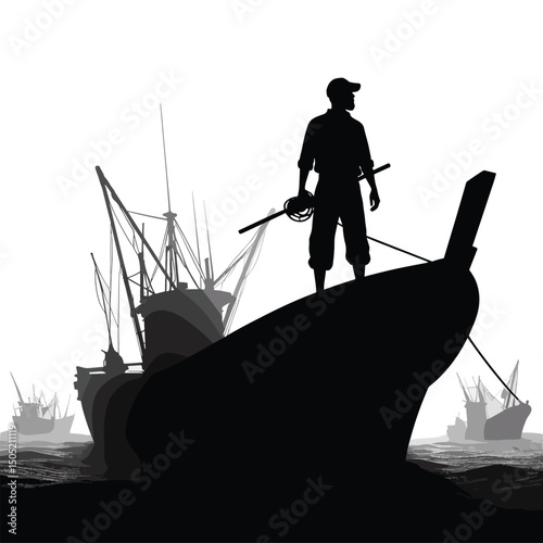 Silhouette of a Fisherman on a Boat Nautical Scene in Black and White Illustration