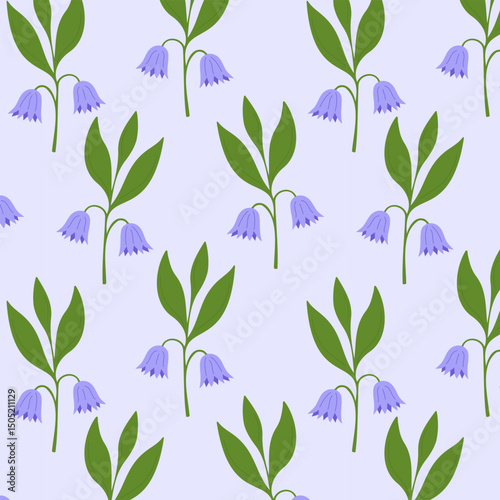 Lilac floral pattern with lilac bells. Bell flowers with leaves on light soft purple background.