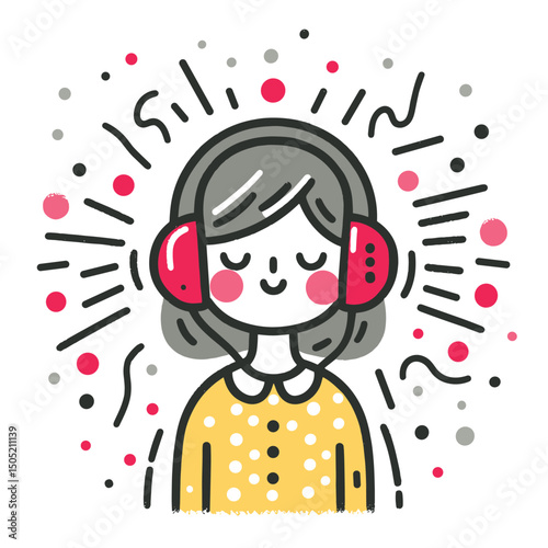 Listening to Music Cartoon with Headphones Vector Art