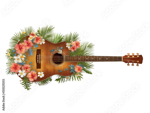 Tropical Decorated Guitar Isolated Transparent Background