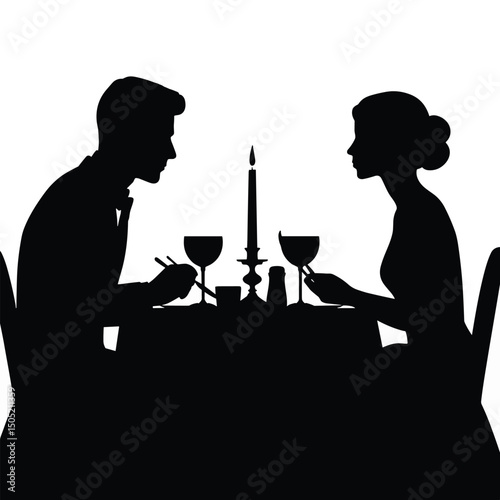 Romantic Dinner Date Silhouette with Candlelight Ambiance - Flat Illustration