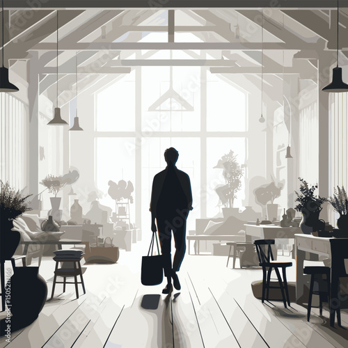 Elegant Rustic Interior with Silhouette of Person in Vintage Decor Line Art Illustration