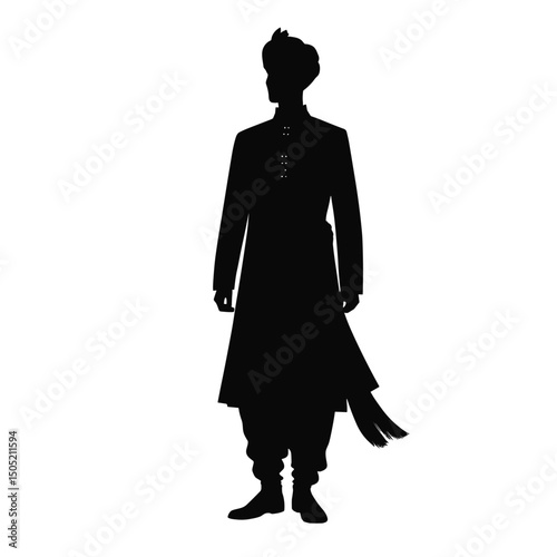 Traditional Indian Attire Silhouette of Man in Sherwani - Black and White Illustration