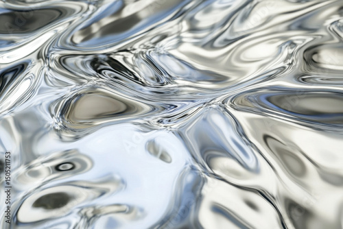 Smooth shiny metal shows subtle ripples and reflections in a light silver color, creating an interesting texture as the surface bends with soft waves. photo