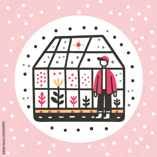 Greenhouse and Gardener in Minimalist Cartoon Illustration