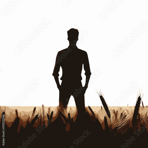 Silhouette of Man in Field at Sunset - Minimalist Vector Illustration