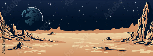 Alien Planet Landscape - Vector Sci-Fi Desert Background with Stars and Craters. Rocky terrain, distant mountains, star-filled night sky. Celestial body rises in the background.