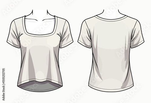 Basic apparel technical flat drawing of a short-sleeve crop top with a square neckline, shown in accurate front and back views, ideal as a design template for fashion illustration and garment specific