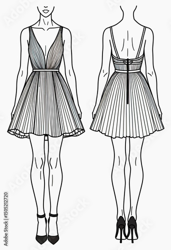 Elegant fashion technical drawing of a short pleated dress with a plunging V-neck and delicate straps, presented in front and back views as a detailed garment flat perfect for design specifications an